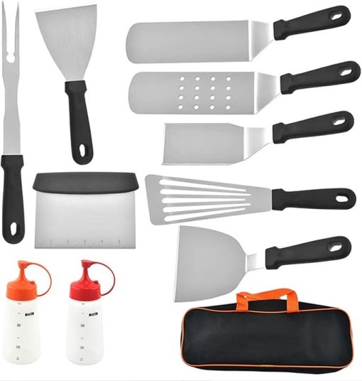Grilling Accessories BBQ Grill Tools Set, 10PCS Stainless Steel Grilling Kit for Smoker, Camping, Kitchen, Barbecue Utensil Gifts for Men Women with Spatula, Scraper, Bottle