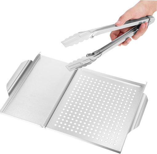 Cabilock 1 Set BBQ Griddle Plate Tongs Outdoor Grill Accessory Non-Stick Grilling Tray for Outdoor Cooking Vegetable Meat Cooking