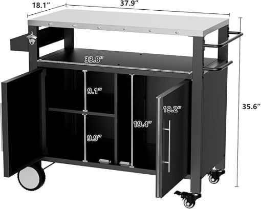 Outdoor Grill Cart with Stainless Steel Top, Outdoor Grill Table with Storage Cabinet for Patio, Kitchen Prep, Grilling Accessories, Black - Image 2