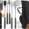 POLIGO 7PCS Golf-Club Style Grill Tools Kit with Rubber Handle Bundle with 18" Safe Wire Grill Brush and Scraper for All Barbecue Grills - Ideal Birthday Christmas Grilling Gifts for Men Dad Women