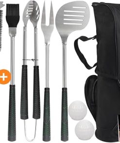 POLIGO 7PCS Golf-Club Style Grill Tools Kit with Rubber Handle Bundle with 18" Safe Wire Grill Brush and Scraper for All Barbecue Grills - Ideal Birthday Christmas Grilling Gifts for Men Dad Women