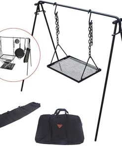 Swing Grill Campfire Cooking Stand Campfire Grill Stand with Hooks Accessories Carrying Case for Campfire Outdoor Picnic Cookware Party Dutch Oven Adjustable Height Black 2