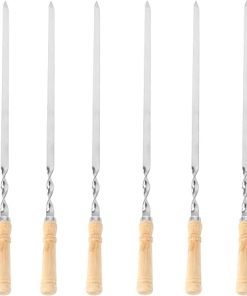 Happyyami No Soak Required BBQ Sticks 6 Pack Flat Grill Skewers Stainless Steel Wood Handles Roasting Tools