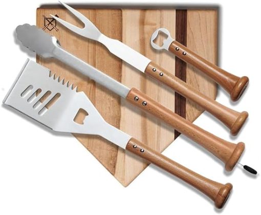 Baseball BBQ |12" & 17" Grand Slam Combo & Multi-Tool BBQ Grilling Accessories & Utensils for Baseball Fans | Unique Wooden Bat Handle & Quality Stainless Steel (12" Plain)