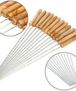 BBQ 12pcs/Set 30cm Reusable BBQ Skewers with Handle Barbecue Needle Stainless Steel Flattened Rounded Sign Optional Meat Accessories 2