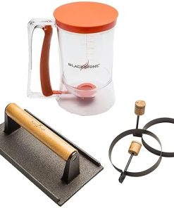 BLACKSTONE 1543 Outdoor Griddle Breakfast Preparation Kit with Pancake Batter Dispenser, Cast Iron Bacon Press, and 2 Non Stick Steel Egg Rings