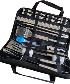POPETPOP 28pc BBQ Tool Set Bag Stainless Steel Shovel Thermometer Brush Fork Clamp Grill Tools for Easy Outdoor BBQ