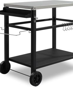 Outdoor Grill Cart Three-Shelf Grill Table Movable BBQ Trolley Food Prep Carts Stainless Steel Multifunctional Worktable Island with Two Wheels, Hooks, Silver