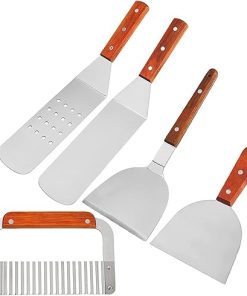 Flat Top Grill Accessory Set, Outdoor BBQ Teppanyaki and Professional Griddle Accessory Kit with Wooden Handle Stainless Steel for Camping