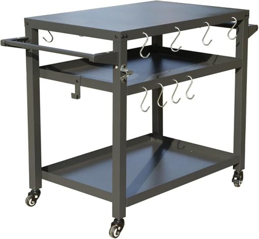 3-Shelf Outdoor Grill Table with Wheels, Stainless Steel Top, Tool Hooks, and Ample Storage Space, Grey