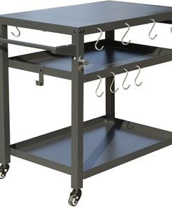 Enhance Outdoor Cooking with 3-Shelf Grill Table, Stainless Steel Top, Includes Wheels and Tool Hooks, for BBQs, Grey