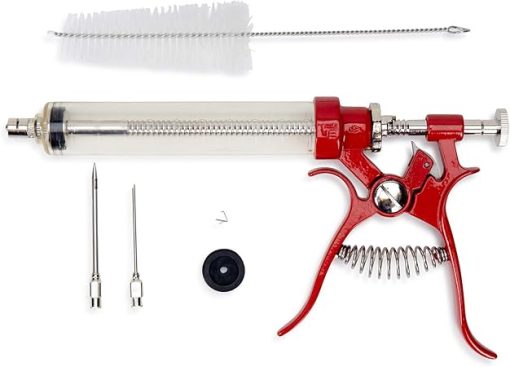 Butcher BBQ Pistol Grip Gourmet Meat Injector Syringe | Metal Handle | 50cc Pistol Grip Injection Syringe | 2 Different Needles for Different Meats | BBQ Smoker Accessories | Tailgating Accessories