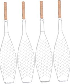 MERRYHAPY Outdoor Barbecue Tool 4 Pcs Metal Fish Grill Clip Wooden Handle Non-stick Mesh Clip Bbq Basket for Whole Fish