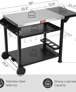 Outdoor Grill Table Cart, Pizza Oven Table Stand for Outdoor Indoor, 40″ x 26″ Stainless Steel Tabletop Dining BBQ Grill Table with Wheels for Food Prep, 3-Shelf Kitchen Cart Table with Cover 2
