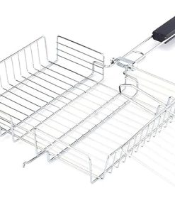 BBQ Grill Outdoor Non-Stick Rectangle Grilling Basket Folding BBQ Grill Vegetable Basket Set Black Wood Handle BBQ Meat Barbecue Accessories Tool 2