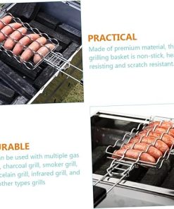 BBQ Tongs Tools Grill Rack for Outdoor Grill Accessory Set for Barbecue Non-Stick Heat Resistant Grilling Mesh Wooden Handle 2