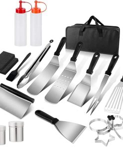 BBQ Set Cooking Spatula BBQ Spatula Outdoor BBQ Tool BBQ Teppanyaki Set - Heavy Duty Stainless Steel Grill Set in Case for Outdoor Cooking Camping Grilling,Silver