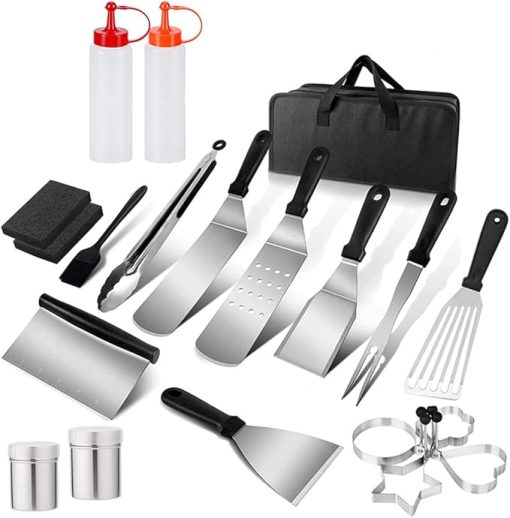 BBQ Set Cooking Spatula BBQ Spatula Outdoor BBQ Tool BBQ Teppanyaki Set - Heavy Duty Stainless Steel Grill Set in Case for Outdoor Cooking Camping Grilling,Silver