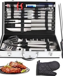 32pcs Grilling Accessories Kit for Men Women, Stainless Steel Heavy Duty BBQ Tools with Glove and Thermometer, Grill Utensils Set in Portable Suitcase for Outdoor,Camping,Backyard