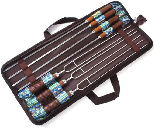 Stainless Steel BBQ Skewers Outdoor Portable BBQ Needle Stick Fork Set Wooden Handle Picnic Tool