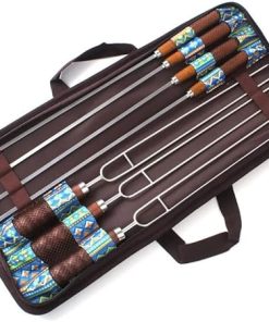 Stainless Steel BBQ Skewers Outdoor Portable BBQ Needle Stick Fork Set Wooden Handle Picnic Tool