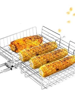 BBQ Grill Outdoor Non-Stick Rectangle Grilling Basket Folding BBQ Grill Vegetable Basket Set Black Wood Handle BBQ Meat Barbecue Accessories Tool