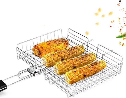 Non-Stick Rectangle Grilling Basket Folding BBQ Grill Vegetable Basket Set Black Wood Handle BBQ Meat Barbecue Accessories Tool