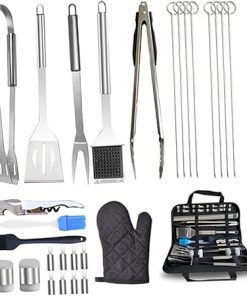 Stainless Steel 28pc BBQ Tool Set Complete Grill Kit with Clamp Fork Shovel Brush Thermometer for Outdoor Cooking