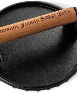 Personalized Burger Press, Round Burger Smasher with Wooden Handle, Grill Press Meat Smasher Tool for Griddle Sandwich Nonstick Pan Griddle Grill Cooking (Iron 7'')