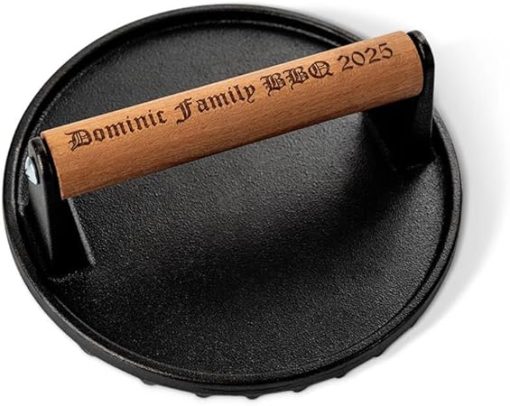 Personalized Burger Press, Round Burger Smasher with Wooden Handle, Grill Press Meat Smasher Tool for Griddle Sandwich Nonstick Pan Griddle Grill Cooking (Iron 7'')