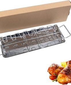 BBQ Grill Rack 14 Slots Stainless Steel Barbecue Drumsticks Holder Oven Roaster Stand with Drip Pan Tools(E)