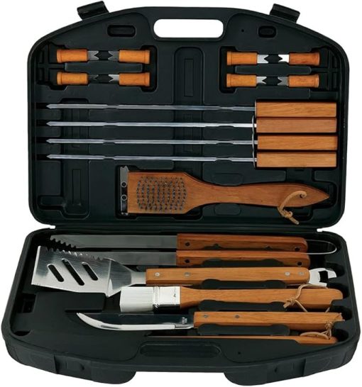 Mr. Bar-B-Q 18-Piece Deluxe Grill Tool Set, Stainless Steel BBQ Grilling Accessories, Tongs, Spatula, Fork, Brush w/Wooden Handle for Backyard Barbecue & Camping Trip, Best Grilling Gifts for Men Dad