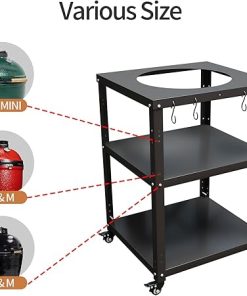 Grill Table for Big Green Egg Accessories,Compatible with L to Mini Models Big Green Egg,Kamado Joe,Heavy Duty Metal Grill Cart with Locking Caster Outdoor Grill Station 2
