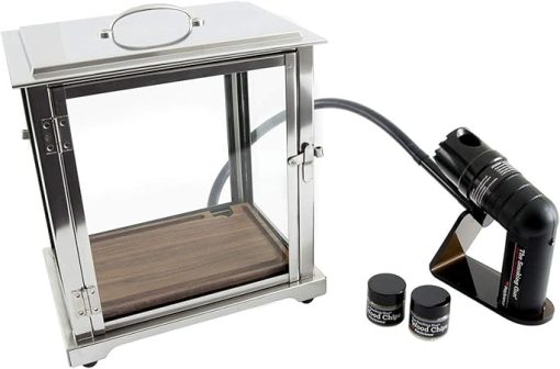 Crafthouse by Fortessa Professional Barware by Charles Joly, Smoking Box for Drinks and Food with Handheld Smoker and 4 oz. of Wood Chips, Stainless Steel and Glass, Clear/Black