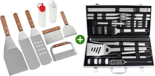 ROMANTICIST 8PC Professional Griddle Accessories Kit Bundle with Heavy Duty 28pc BBQ Accessories Set - Stainless Steel Grill Set in Case for Outdoor Cooking Camping Grilling Smoking