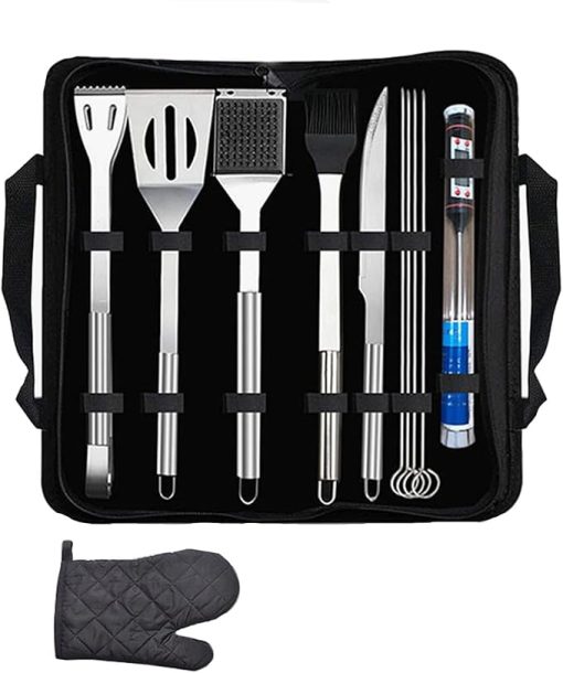 Heavy Duty BBQ Grilling Accessories, Grill Tools Set, Stainless Steel Grilling Kit with Storage Bag & Thermometer, Portable Grill Accessories for Camping