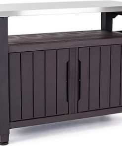 Keter Outdoor Rolling Table Cart for Food Prep, Storage, Bar & Grill, Dark Brown - Portable Kitchen Island Tabletop with Wheels for Drinks, Snacks, and Cooking