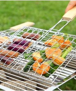Stainless Steel BBQ Basket Tray, Portable Grilled Meat, Fish Mesh BBQ Clip with Wood Handle, Outdoor Barbecue Grilling Tools 2