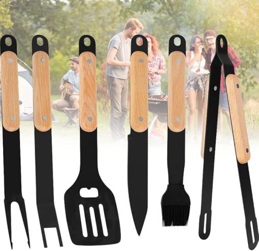 BBQ Accessories, 6PCS Non-Stick Coating Barbecue Tools Set for Men, Outdoor Stainless steel Grill Utensils Set with Baking spatula, Baking Folder, Spatula, Fork and Brush,for Cooking Camping Grilling