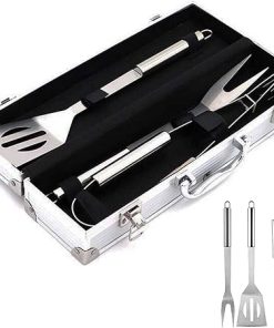3Pcs BBQ Grill Cooking Utensils Tool Set Stainless Steel Barbeque Accessories -Tool Kit Tongs, Spatula Meat Fork with Portable Case for Cooking, Backyard Barbecue, Outdoor Camping Useful