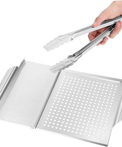 KICHOUSE 2-in-1 Stainless Steel Grill Plate Food Tongs Outdoor Barbecue Accessory Set Grilling Gadgets for Shrimp Chicken