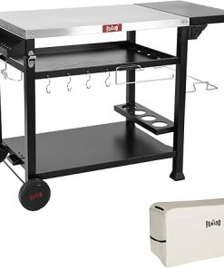 Outdoor Grill Table Cart, Pizza Oven Table Stand for Outdoor Indoor, 40" x 26" Stainless Steel Tabletop Dining BBQ Grill Table with Wheels for Food Prep, 3-Shelf Kitchen Cart Table with Cover