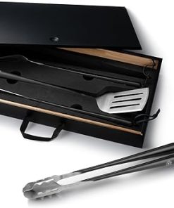 Schmidt Brothers - BBQ Carbon 6, 4-Piece Grilling Accessory Set, Full-Forged Stainless Steel Grilling Utensils Including Spatula, Fork, Basting Brush, and Tongs with All Wood Handles
