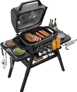Stand for Ninja Woodfire Outdoor Grill, Portable Adjustable Cart Table for Ninja XSKUNSTAND OG700 OG800 OG900 OO101 Series Smoker Pizza Oven Accessories With Shelves, Black