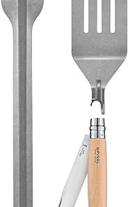 Opinel Grilling Set – Outdoor 3 Piece Grill Utensils, No. 12B Folding Knife, Tongs, Spatula+ Tool, Stainless Steel, Made in France