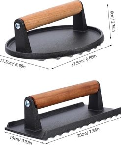 Yardwe 2pcs Cast Iron Grill Press Handheld Burger Press for Bacon Sandwiches Steaks Nonstick Surface Wooden Handle for Cooking 2