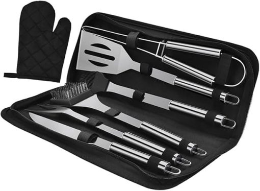 VOSAREA 7Pcs Portable Outdoor Barbecue Tool Set Durable Stainless Steel Cooking Accessories for Camping Grilling and Picnics Includes Food Clip Grill Spatula and More