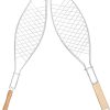 Stainless Steel BBQ Basket Tray, Portable Grilled Meat, Fish Mesh BBQ Clip with Wood Handle, Outdoor Barbecue Grilling Tools 4