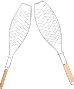 SUPVOX 2Pcs Net Rack Grill Basket Outdoor Barbecue Tool with Wooden Handle for Fish and Breads Thick Thin Design Easy to Clean and Store for Camping and Home