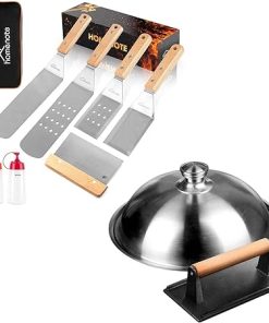 HOMENOTE Griddle Accessories Kit, 7-Pieces Exclusive Griddle Tools Long/Short Spatulas Set and 12 Inch Heavy Duty Round Basting Cover Cheese Melting Dome with Cast Iron Burger Bacon Press